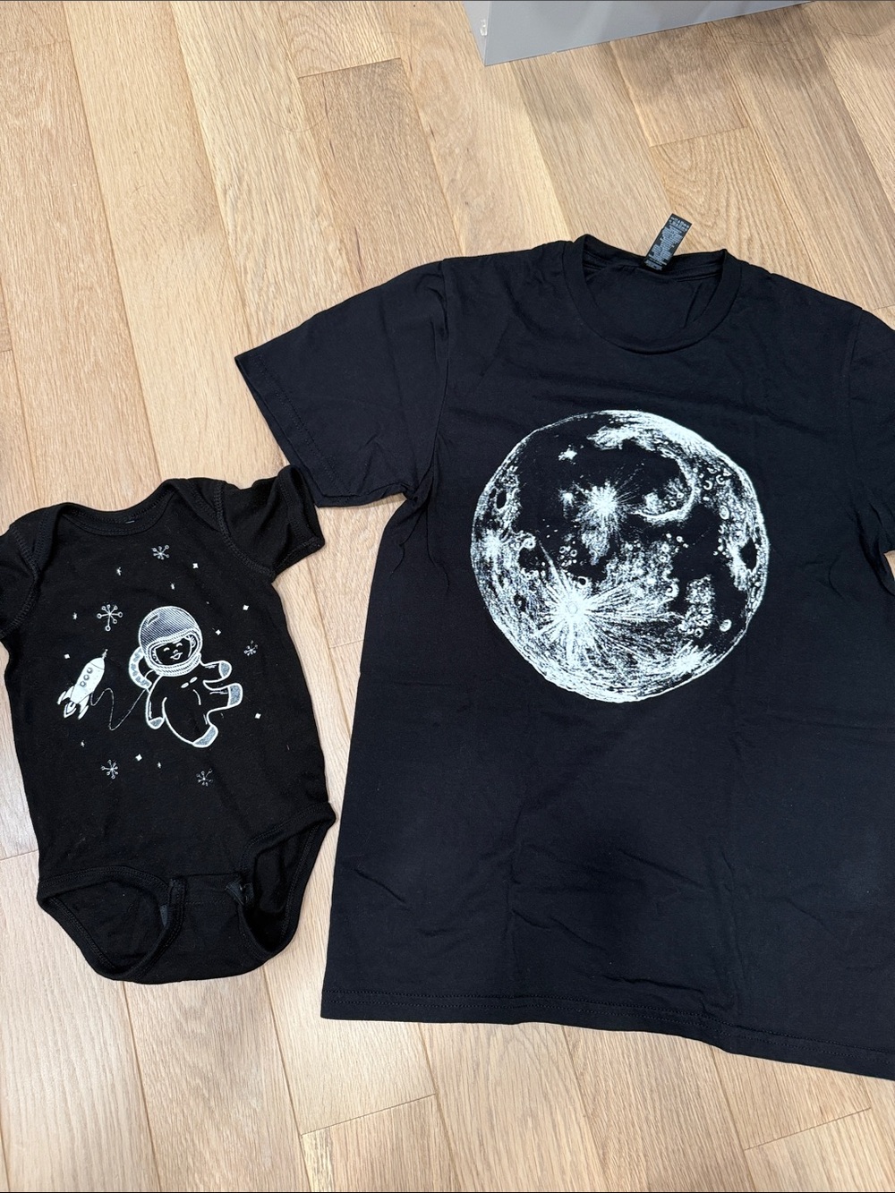 Matching parent baby Black Graphic Moon Short Sleeve Tee purchased on Etsy